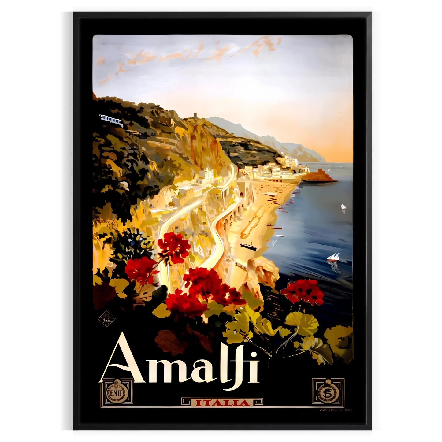 charm Amalfi Coast vintage travel poster black brown hues wall art timeless print ideal gift enthusiast frame style
