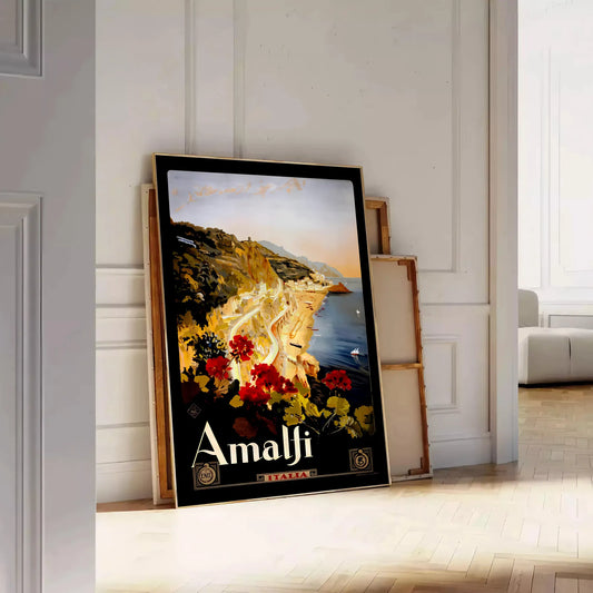 charm Amalfi Coast vintage travel poster black brown hues wall art timeless print ideal gift enthusiast frame style