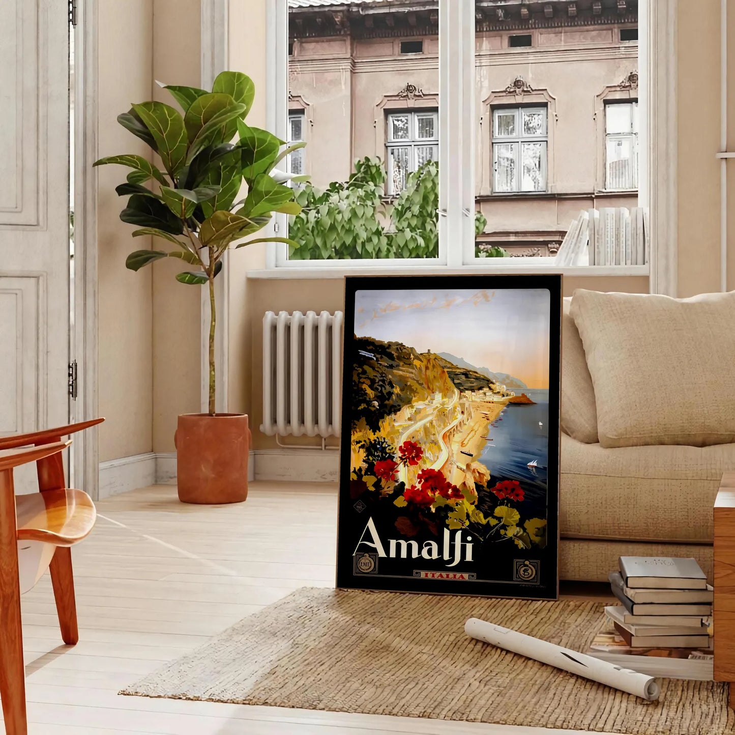 charm Amalfi Coast vintage travel poster black brown hues wall art timeless print ideal gift enthusiast frame style