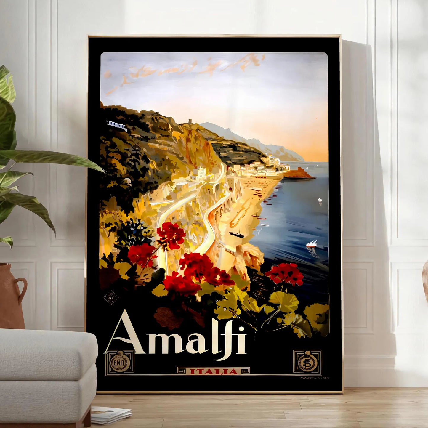 charm Amalfi Coast vintage travel poster black brown hues wall art timeless print ideal gift enthusiast frame style
