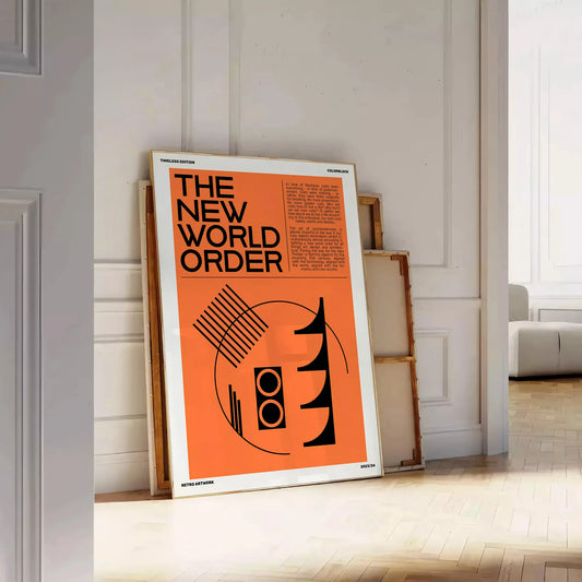 captivating fusion modern art New World Order poster orange black hues unique wall perfect gift lovers sizes A4 cm A0 space stunning piece