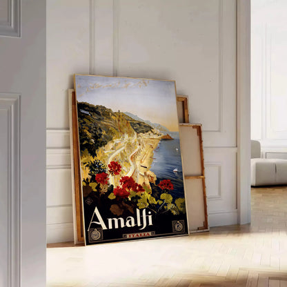 allure Amalfi Coast captivating travel art poster chic blend black green hues wall unique gift print timeless elegance space sleek standalone piece
