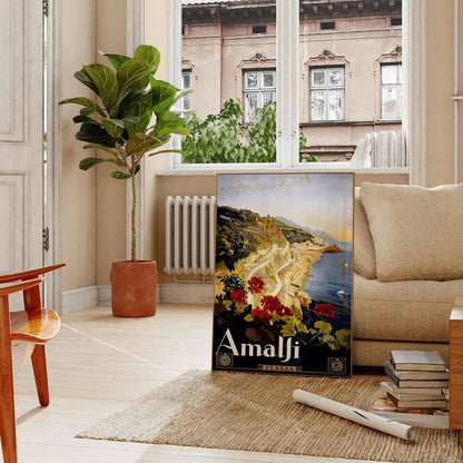allure Amalfi Coast captivating travel art poster chic blend black green hues wall unique gift print timeless elegance space sleek standalone piece