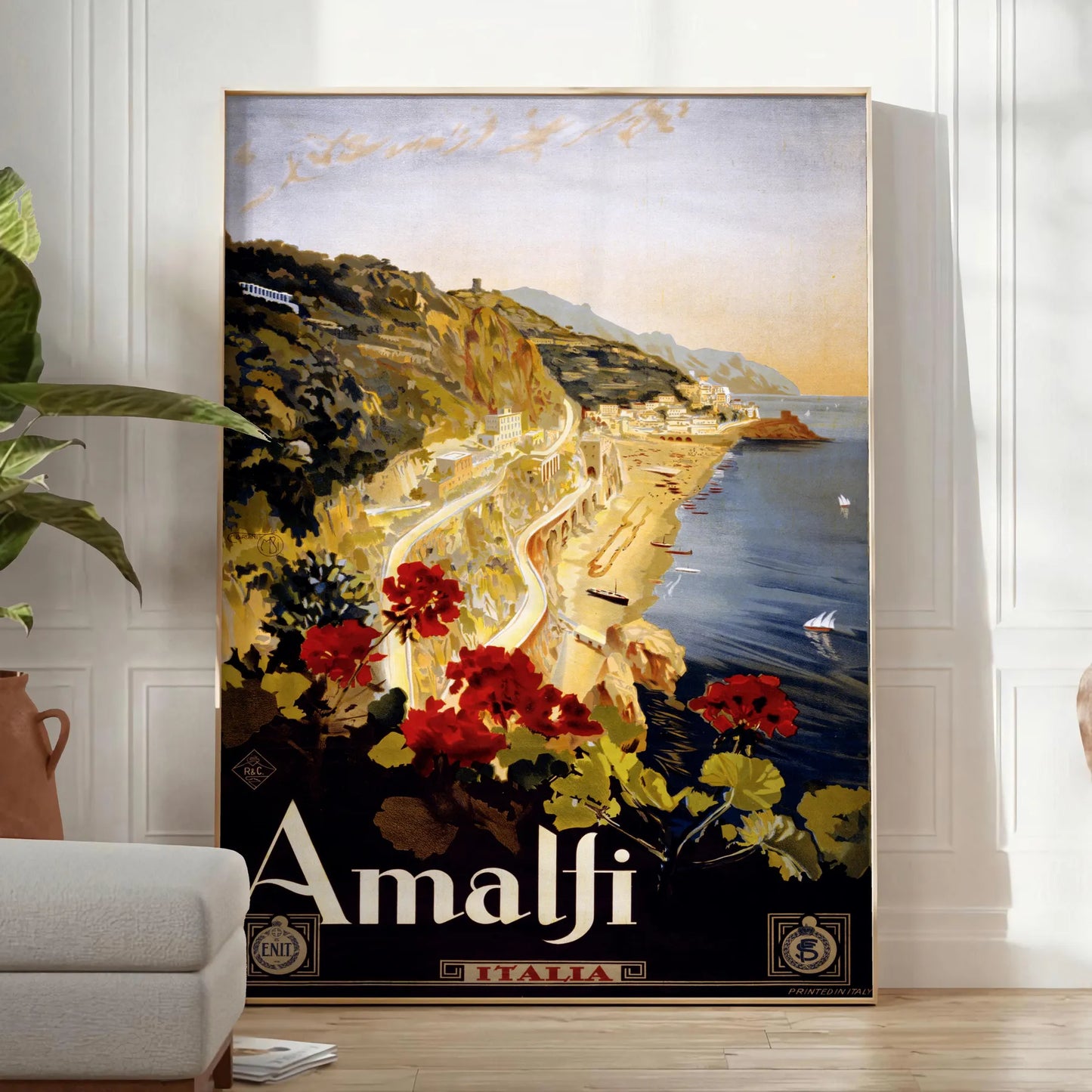 allure Amalfi Coast captivating travel art poster chic blend black green hues wall unique gift print timeless elegance space sleek standalone piece