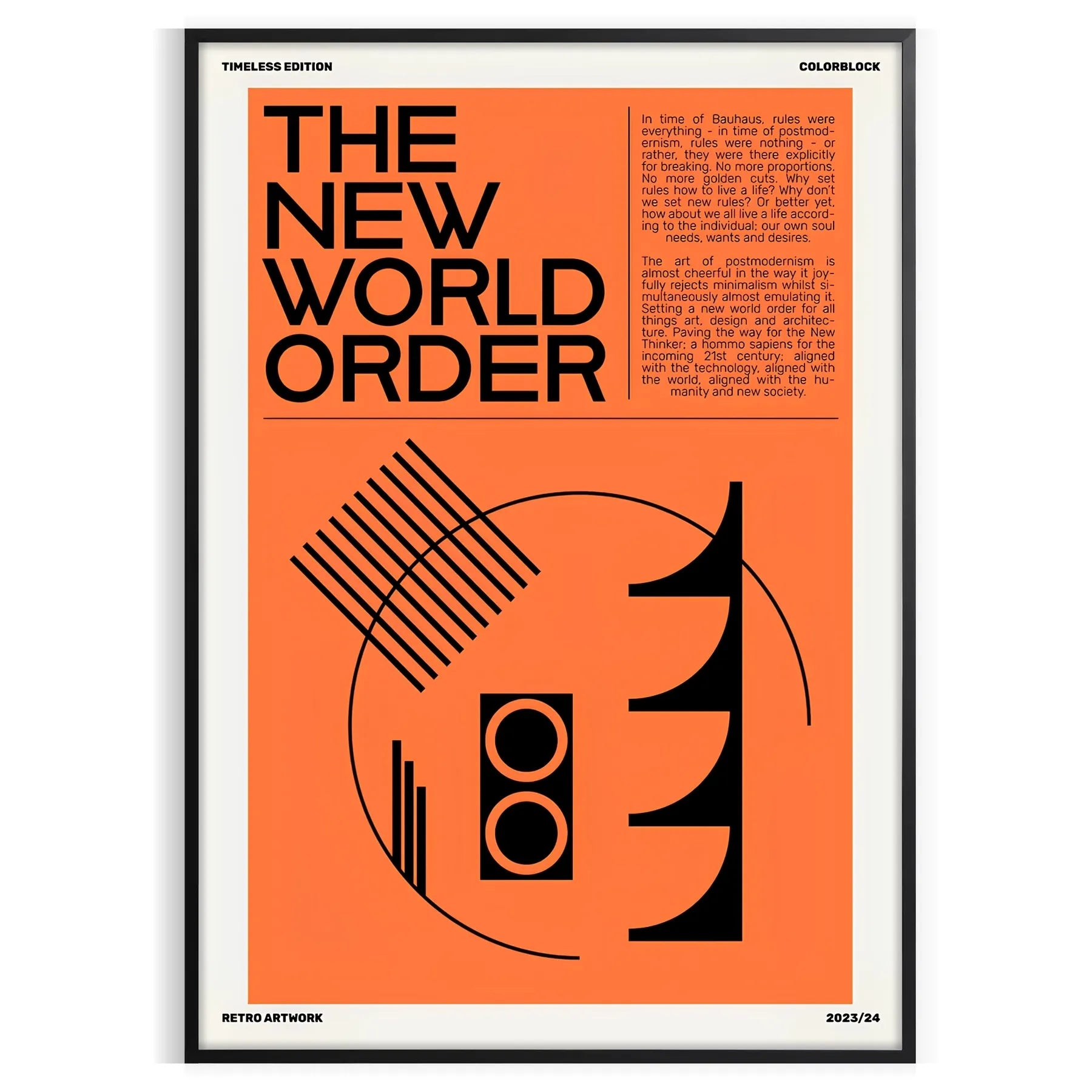 captivating fusion modern art New World Order poster orange black hues unique wall perfect gift lovers sizes A4 cm A0 space stunning piece