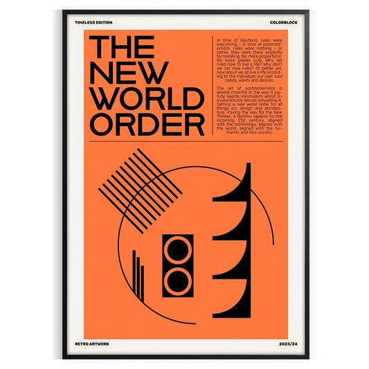 captivating fusion modern art New World Order poster orange black hues unique wall perfect gift lovers sizes A4 cm A0 space stunning piece