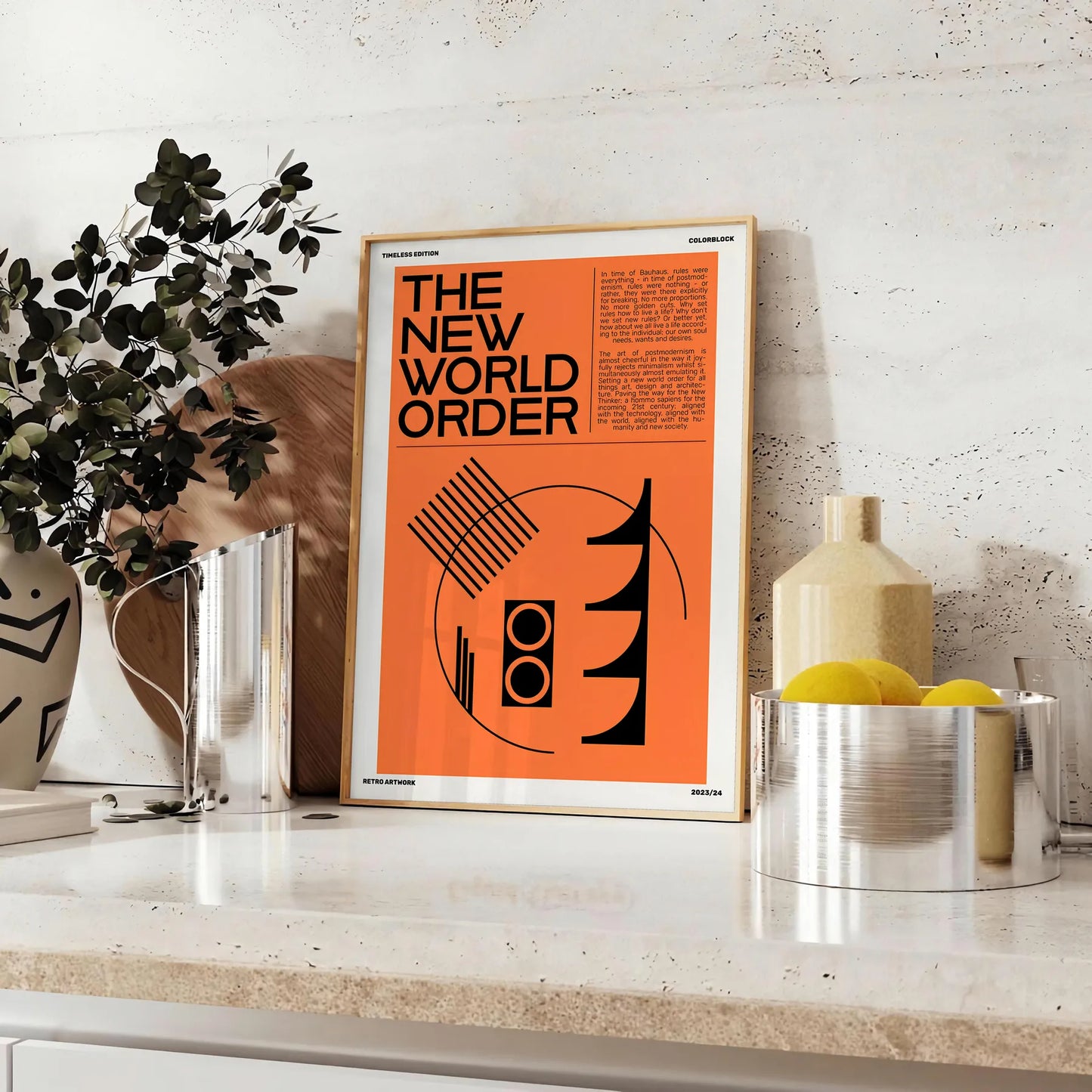 captivating fusion modern art New World Order poster orange black hues unique wall perfect gift lovers sizes A4 cm A0 space stunning piece