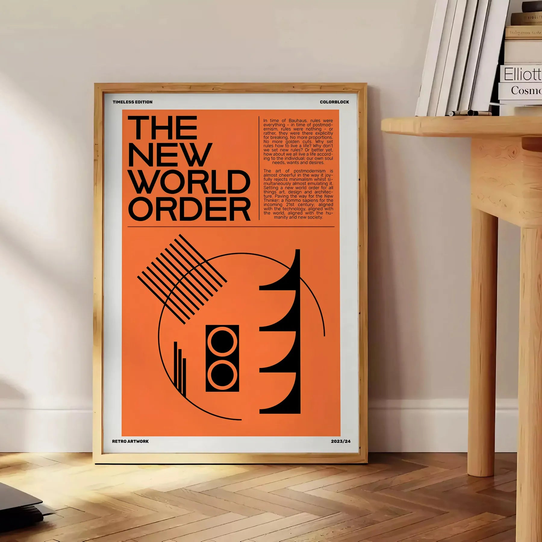 captivating fusion modern art New World Order poster orange black hues unique wall perfect gift lovers sizes A4 cm A0 space stunning piece
