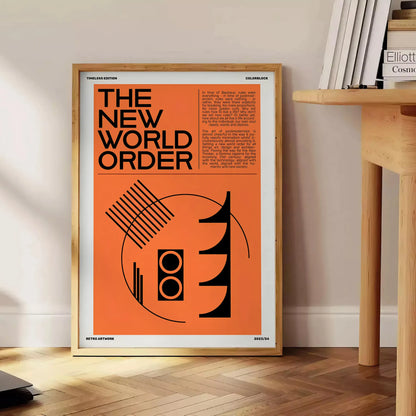 captivating fusion modern art New World Order poster orange black hues unique wall perfect gift lovers sizes A4 cm A0 space stunning piece