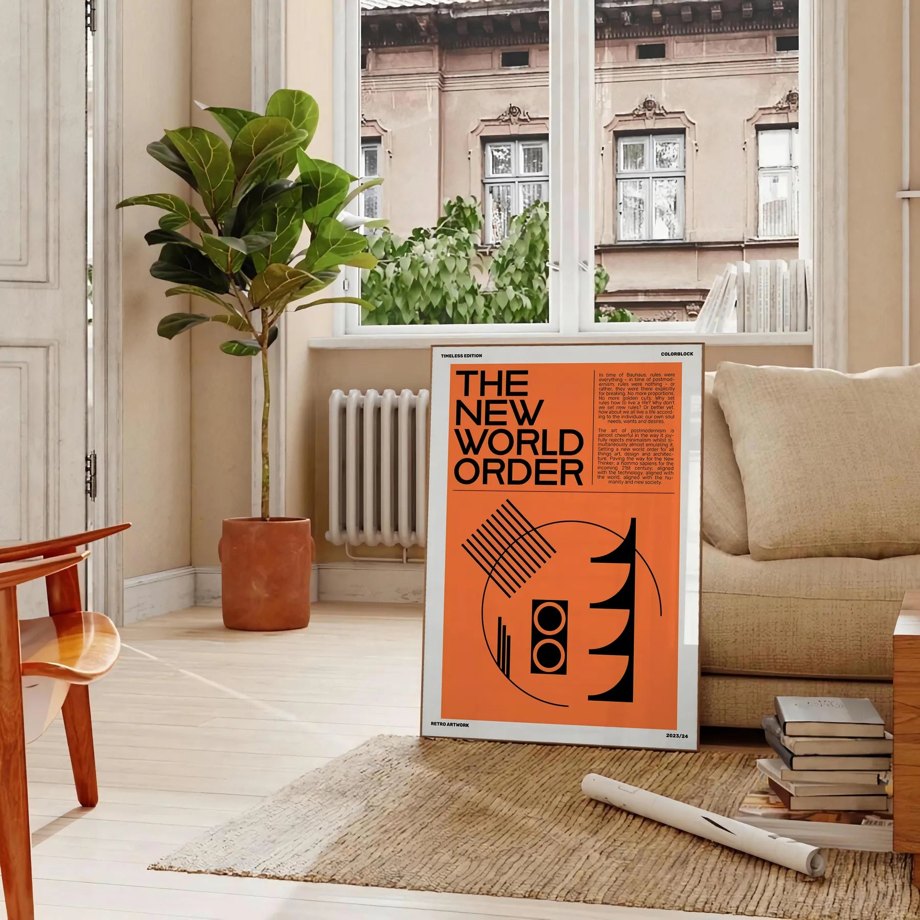 captivating fusion modern art New World Order poster orange black hues unique wall perfect gift lovers sizes A4 cm A0 space stunning piece