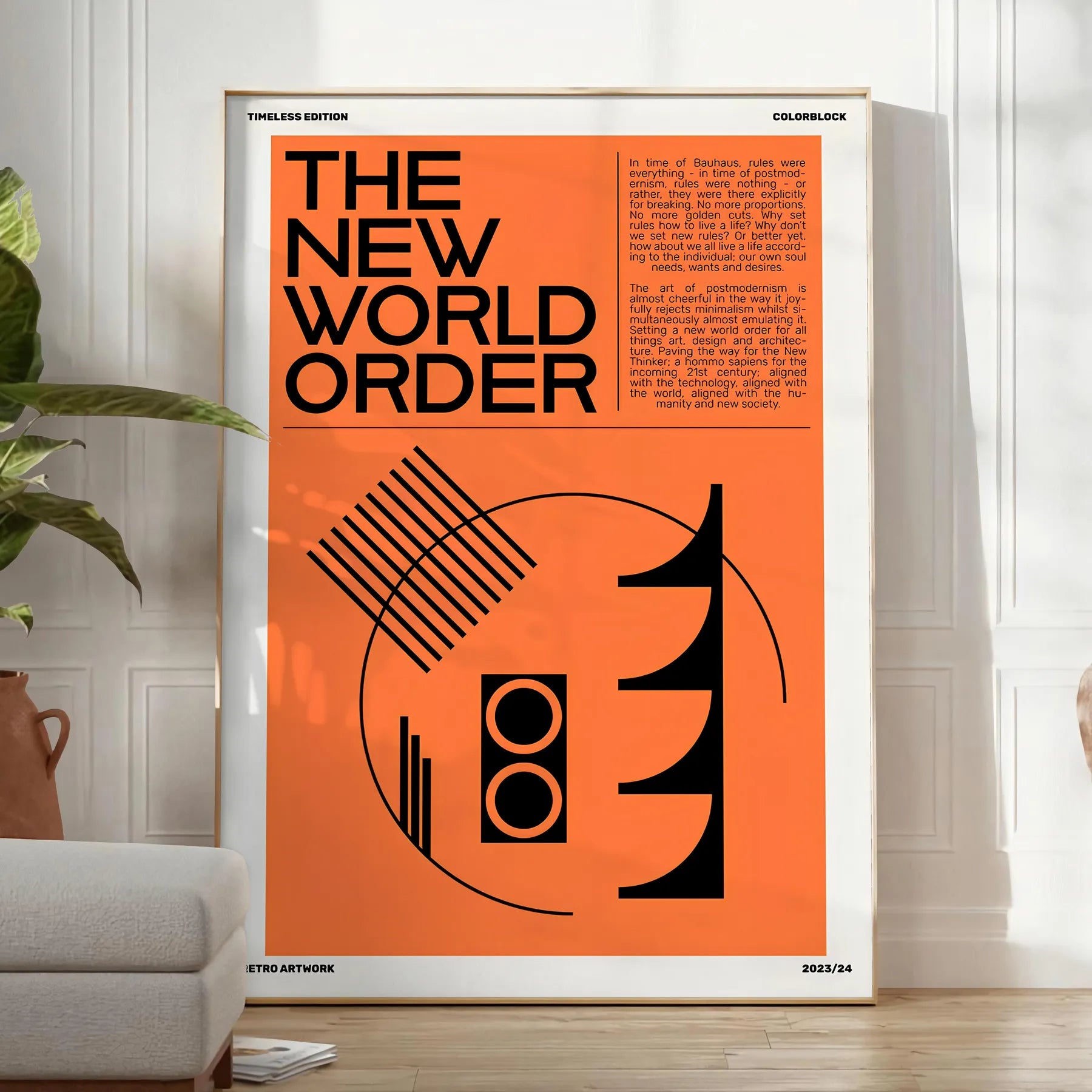 captivating fusion modern art New World Order poster orange black hues unique wall perfect gift lovers sizes A4 cm A0 space stunning piece