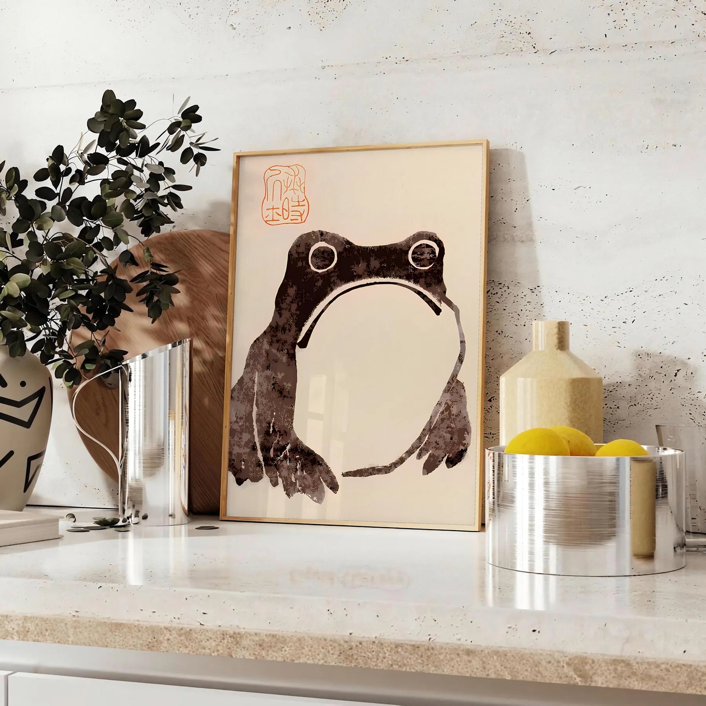 space captivating poster unimpressed frog Matsumoto Hoji black orange colors wall art unique gift print Japanese artistry sizes A4 cm A0