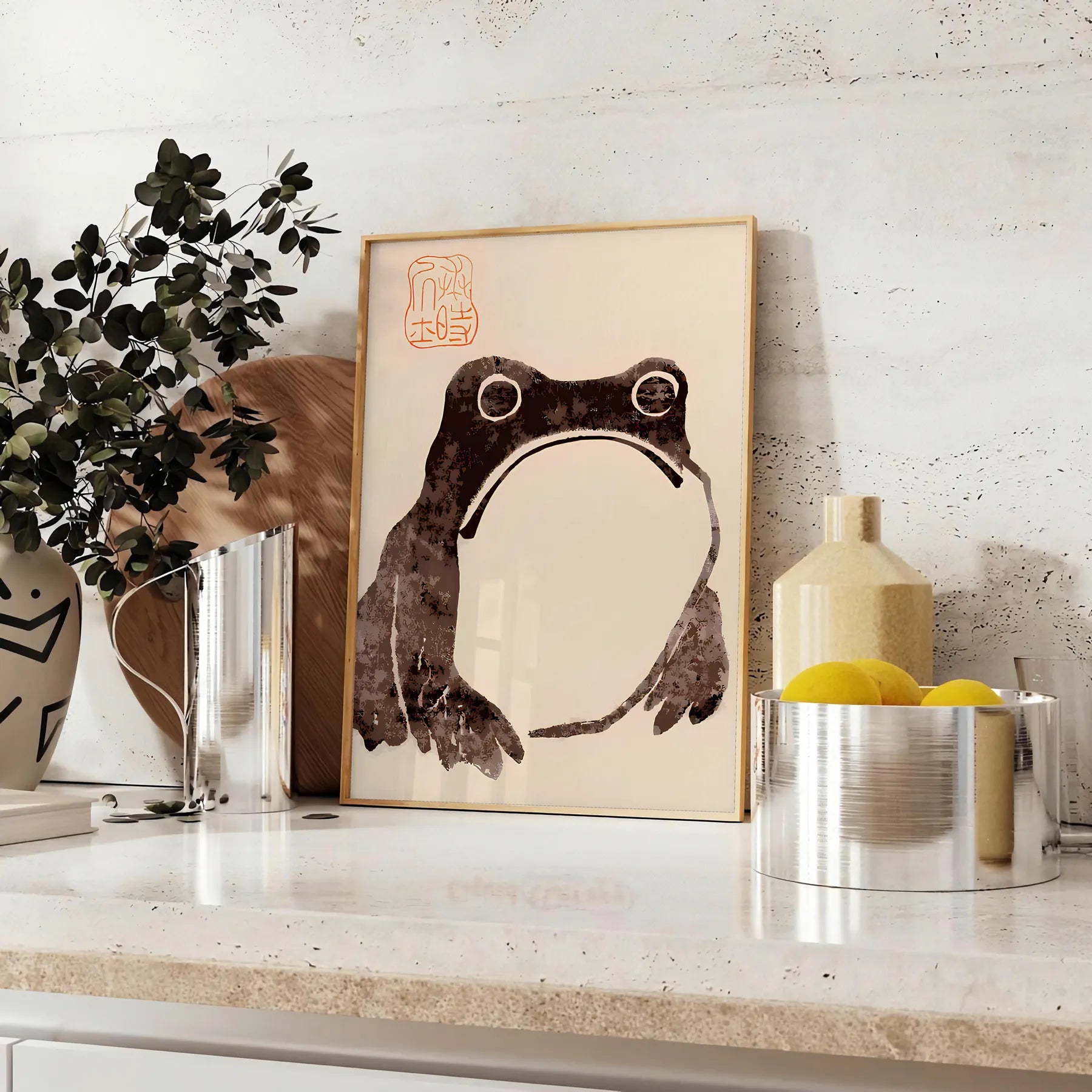 space captivating poster unimpressed frog Matsumoto Hoji black orange colors wall art unique gift print Japanese artistry sizes A4 cm A0