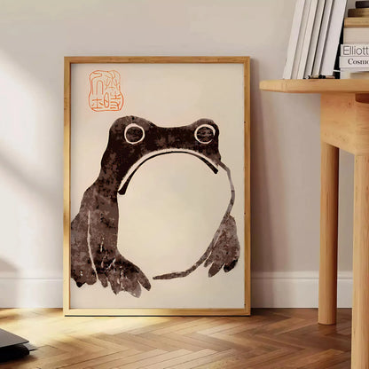 space captivating poster unimpressed frog Matsumoto Hoji black orange colors wall art unique gift print Japanese artistry sizes A4 cm A0