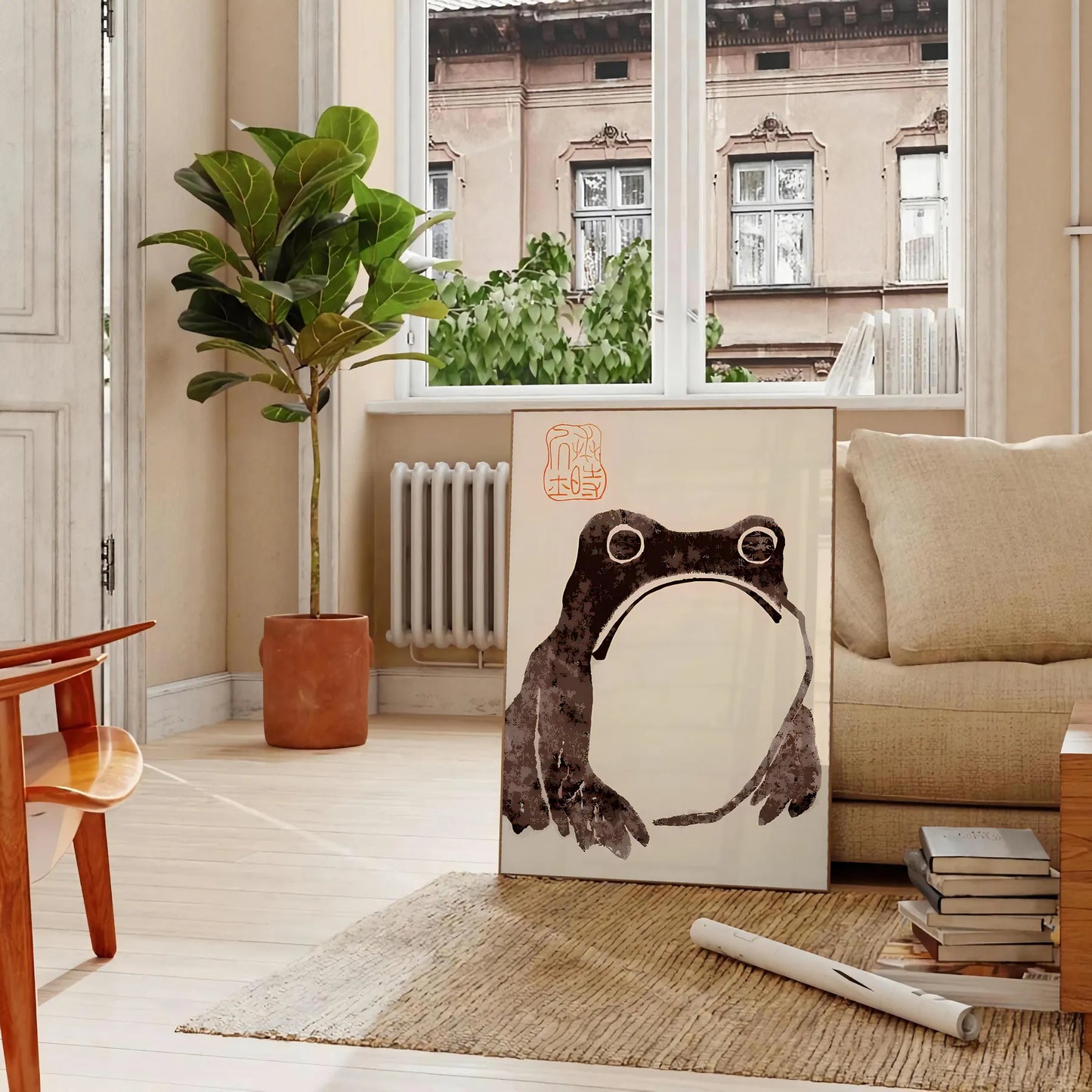 space captivating poster unimpressed frog Matsumoto Hoji black orange colors wall art unique gift print Japanese artistry sizes A4 cm A0